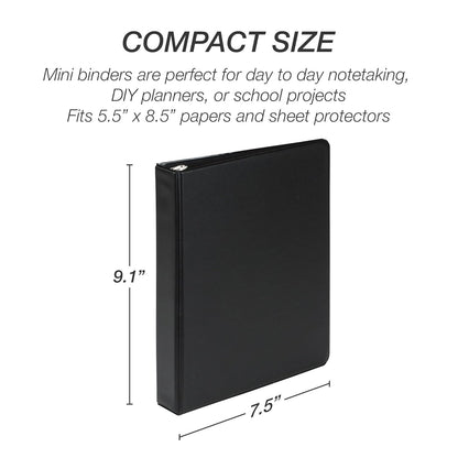 Samsill Economy 3 Ring Mini Binder, 1-Inch Round Ring Binder, Holds 100 Sheets, Black, 6 Pack (MP32300)