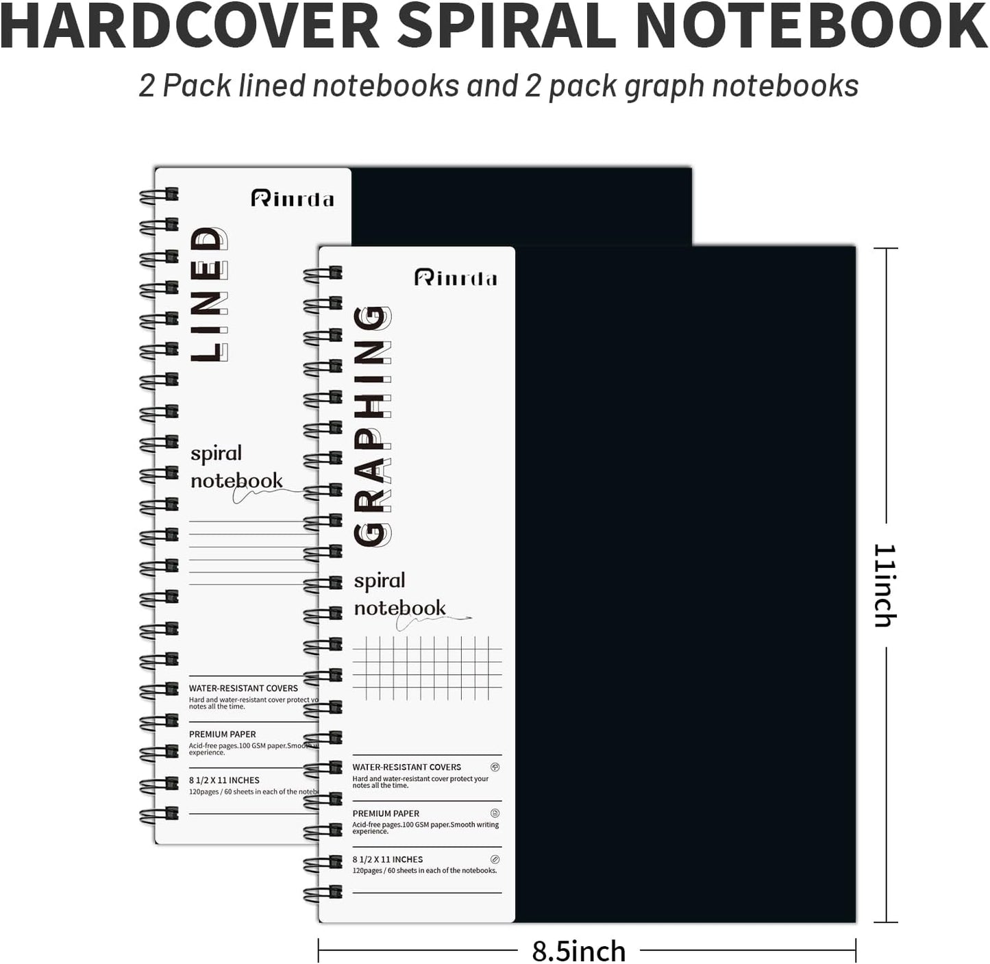 Large Lined Notebook Spiral Notebook 8.5" x 11"-4 Pack LINED Notebook 7mm Ruled Hardcover Notebook 120 Pages 100 GSM Thick Paper Notebook Hardcover Journal for School, Office,Study and Notes