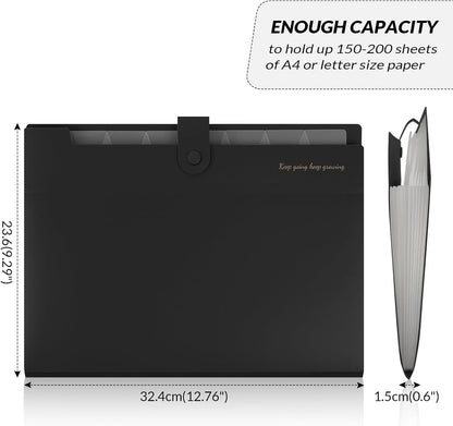 SKYDUE Accordion File Organizer, Expanding File Folder with 8 Pockets, Portable Document Paper Receipt Organizer, Letter/A4 Size Filing Folder School Office Supplies Black
