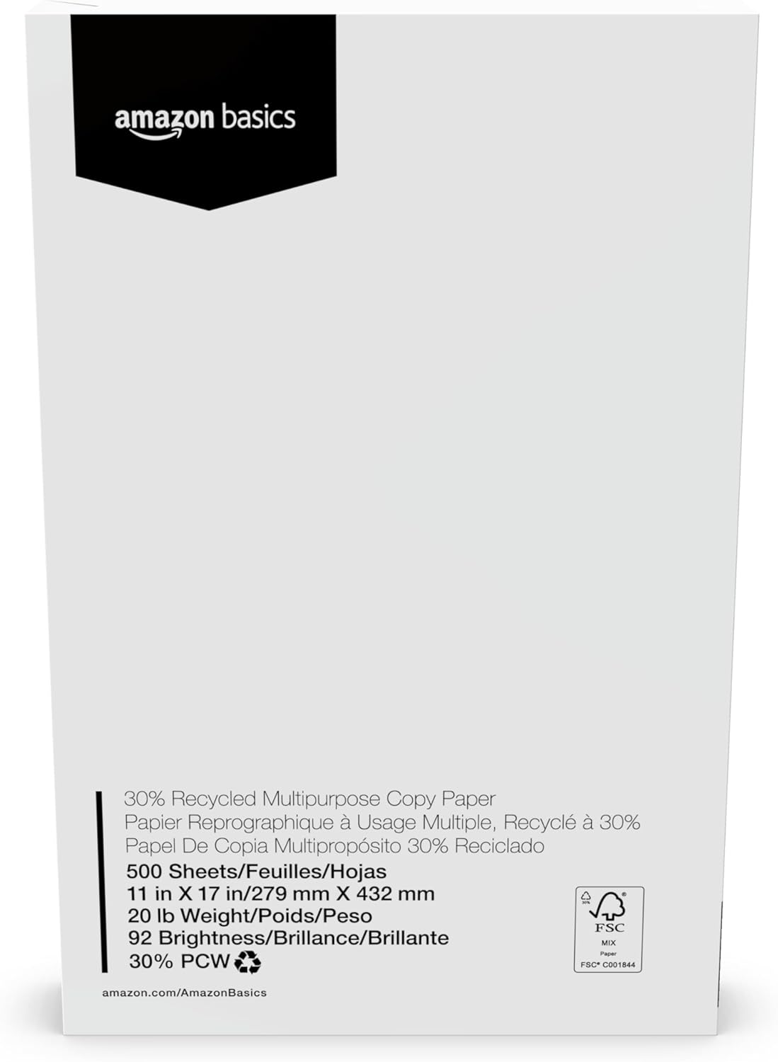 Amazon Basics 30% Recycled Multipurpose Copy & Print Paper, 8.5 x 11 Inches, 20 lb Weight, 92 Bright, White, FSC Certified, 1500 Sheets (3 Reams)