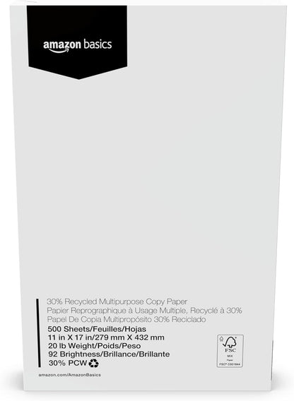 Amazon Basics 30% Recycled Multipurpose Copy & Print Paper, 8.5 x 11 Inches, 20 lb Weight, 92 Bright, White, FSC Certified, 1500 Sheets (3 Reams)