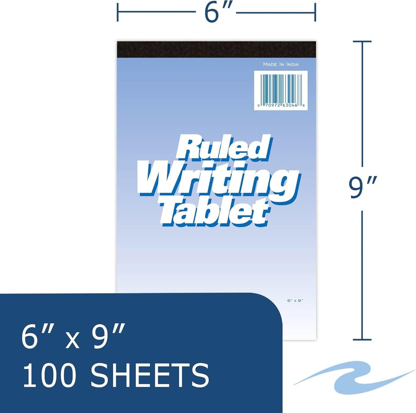 Roaring Spring 6"x9" Writing Tablet, 100 Sheets 15# White Paper, Wide Ruled, Heavy Back Board, Top Edge Bound