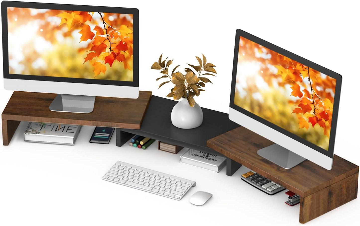 TAVR Dual Monitor Stand Riser Office Desktop Organizer Stand for 2 Monitors, Adjustable Length and Angle 3 Shelf, Extra Long Multifunctional Wooden Stand up to 43.3" fit Computer, Laptop, TV, Black