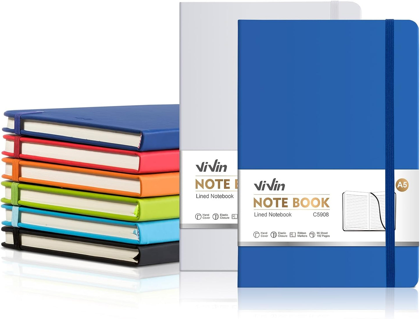 ViVin Lined Journal Notebooks for Work, 192 Pages, Medium 5.5 x 8.3 inch, College Ruled, A5 Hardcover Journaling Notebooks for Writing, 8 Pack Bulk,Black