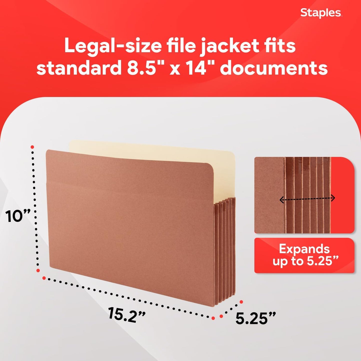 Staples Reinforced File Pockets, Legal Size, 5.25‑Inch Expansion, Heavy‑Duty Brown Accordion Folders with Strong Gussets – 10/Pack