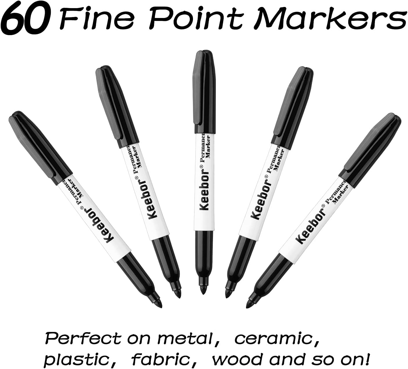 Keebor Permanent Markers Bulk, 60 Pack Black Permanent Markers, Quick Drying & Fade Resistant, Fine Point Marker Set for Wood, Plastic, Paper, Metal