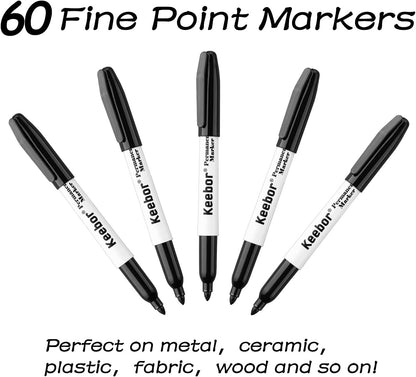 Keebor Permanent Markers Bulk, 60 Pack Black Permanent Markers, Quick Drying & Fade Resistant, Fine Point Marker Set for Wood, Plastic, Paper, Metal