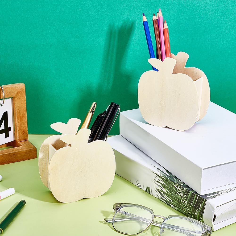 PH PandaHall 4Pcs Apple Wooden Pencil Holder Unfinished Wood Pen Organizer Creative Brush Holder Desk Cups for Home School Office Desk First Day School New Years Christmas