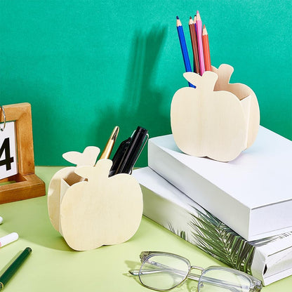 PH PandaHall 4Pcs Apple Wooden Pencil Holder Unfinished Wood Pen Organizer Creative Brush Holder Desk Cups for Home School Office Desk First Day School New Years Christmas
