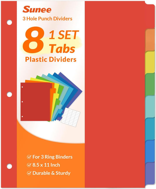 SUNEE 8 Tab Binder Dividers,Plastic Dividers for 3 Ring Binder,3 Ring Binder Dividers with Tabs for School Office Home Supplies,Bright Color, 1 Set