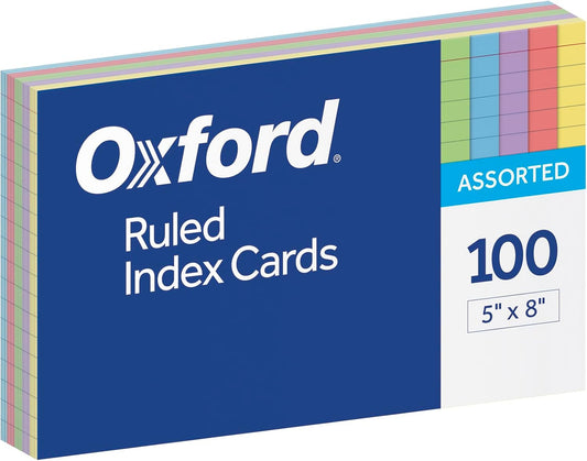 Oxford Index Cards, Assorted Colors, 5" x 8", Ruled, 100-Pack (35810)