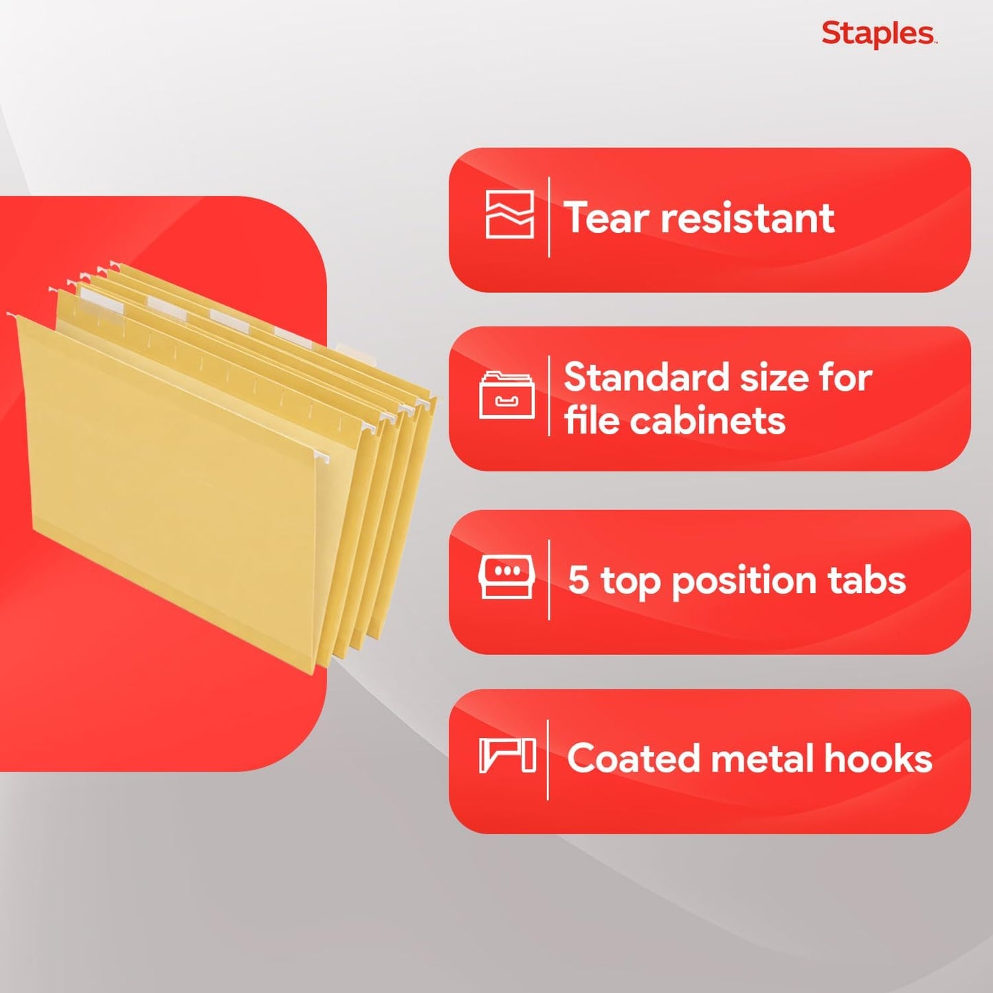 Staples Hanging File Folders, Letter Size, Blue, 5‑Tab, 1/5‑Cut Tabs, Includes Tabs & Inserts – 25/Pack