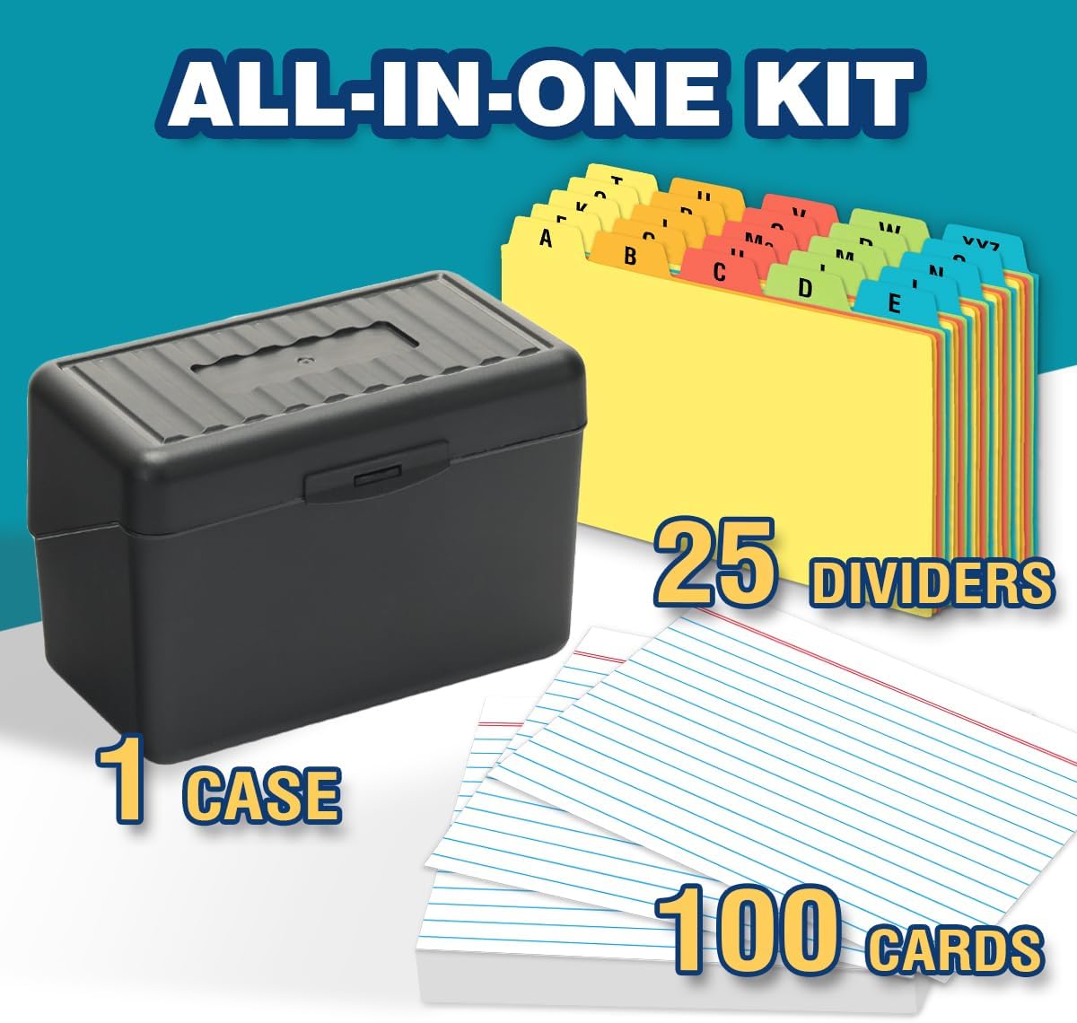 H4D 3x5 Index Card Holder with 100 Heavyweight Ruled Index Cards and 25 Plastic Dividers, Black