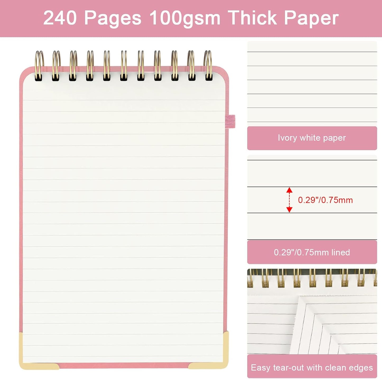 A5 Top Spiral Notebook, Large Leather Hardcover Top Bound Steno Pads, 240 Pages 100 gsm Thick Lined Paper Left Handed Notebook Journal for Work, School, Meeting Writing - Brown, 5.9" x 8.5"