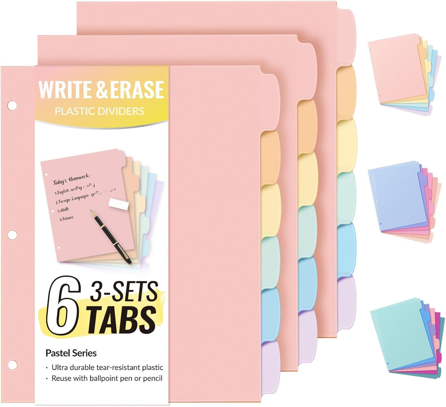 Sooez 6-Tab 3 Ring Binder dividers with tabs, Durable Plastic Write & Erase Tab Dividers for 3 Ring Binder, Aesthetic Cute Binder Dividers for Student, Teacher, Office, Home Organizers, 1 Sets