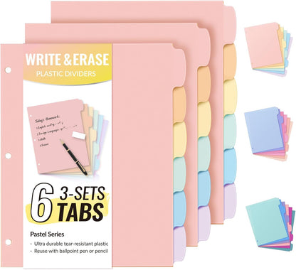 Sooez 6-Tab 3 Ring Binder dividers with tabs, Durable Plastic Write & Erase Tab Dividers for 3 Ring Binder, Aesthetic Cute Binder Dividers for Student, Teacher, Office, Home Organizers, 1 Sets