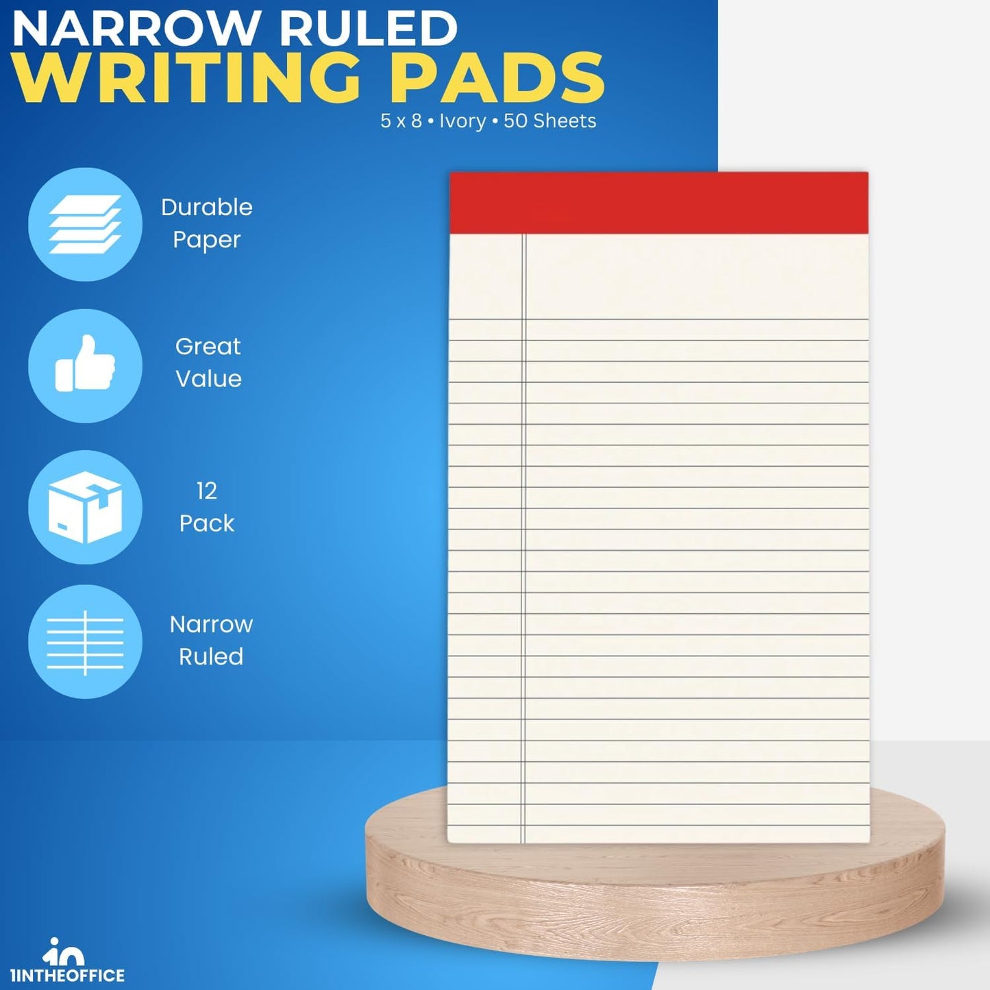 1InTheOffice Note Pads 5x8, Writing Pads, Lined Note Pads, Narrow Ruled, 50 Sheets/Pad, 12 Pack
