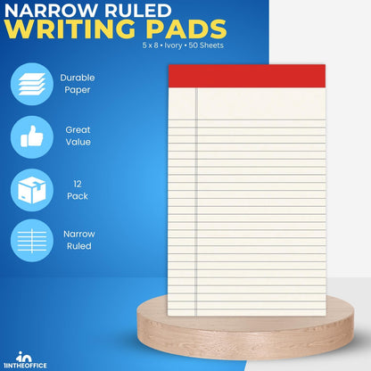 1InTheOffice Note Pads 5x8, Writing Pads, Lined Note Pads, Narrow Ruled, 50 Sheets/Pad, 12 Pack