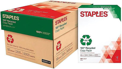 Staples 100% Recycled 8.5-Inch x 11-Inch Copy Paper 20 lbs 92B 500/Ream 10 Ream/Count, For Office, School & Home