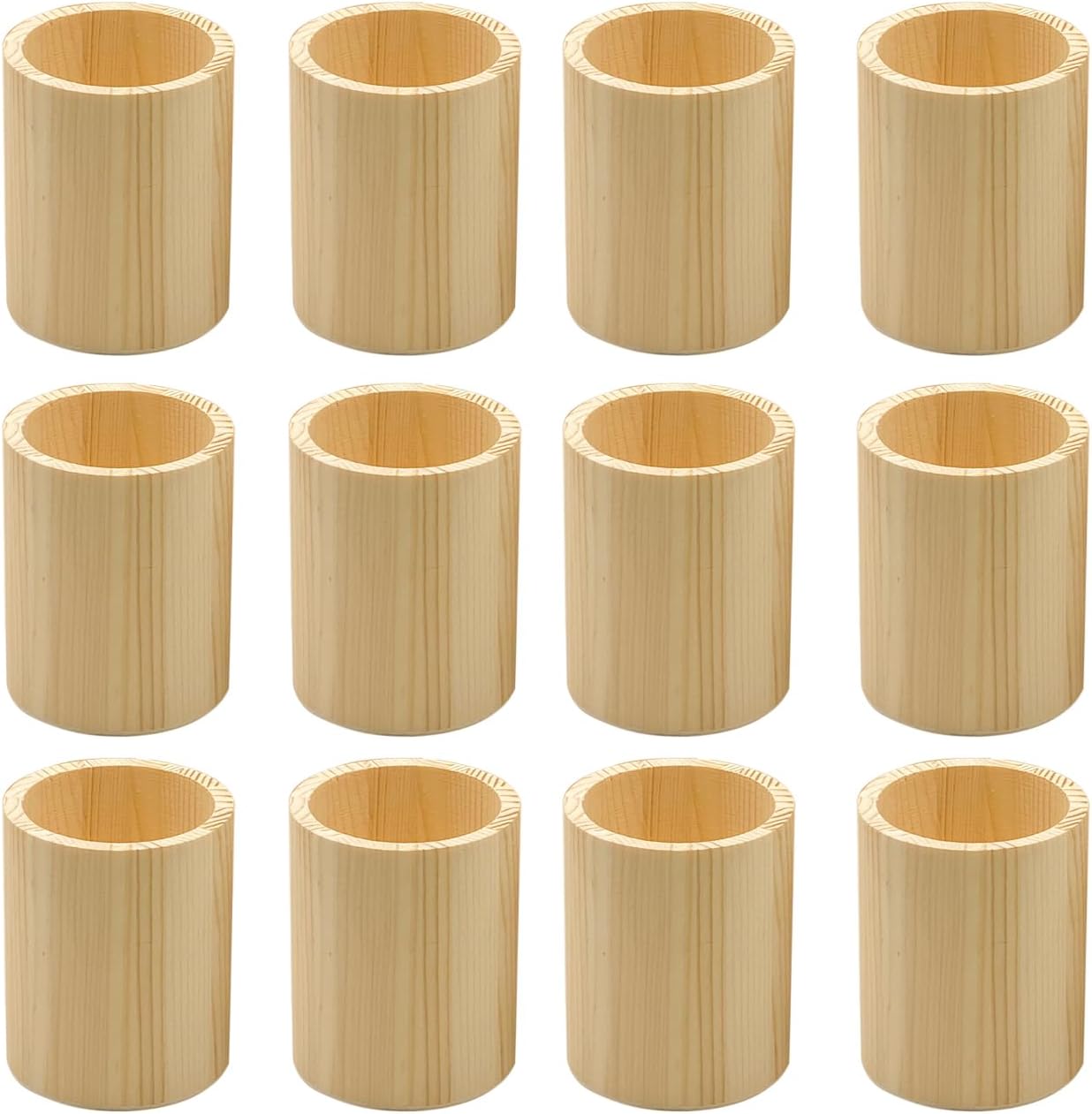 Cregugua 12-Pack 4 Inch Round Wood Pen Holder Unfinished Wooden Pencil Holder for DIY Crafts (3x3x4 Inches)