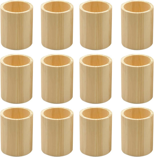 Cregugua 12-Pack 4 Inch Round Wood Pen Holder Unfinished Wooden Pencil Holder for DIY Crafts (3x3x4 Inches)