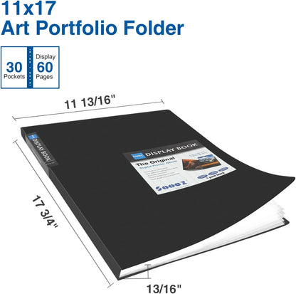 Sooez Art Portfolios 11"x17", Large Portfolio Folder with 30 Pockets & Black Inner Sheets, Display 60 Pages, 11 x 17 Presentation Book for Artwork Storage, Binder with Plastic Sleeves for Artist