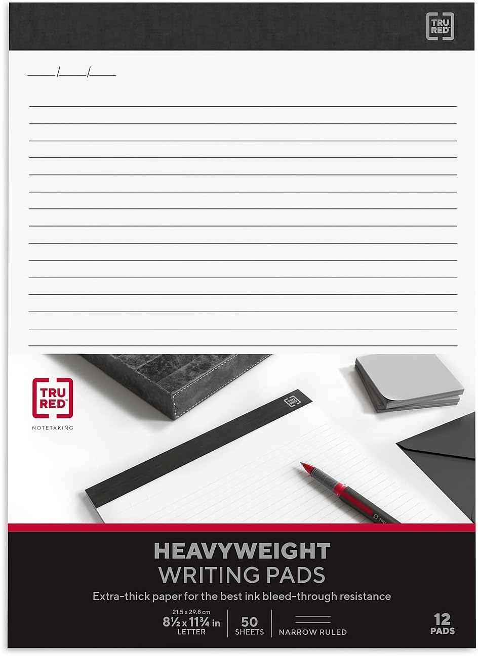 TRU RED Notepads, 8.5” x 11.75”, Narrow Ruled, Ivory, Perforated, 12‑Pack