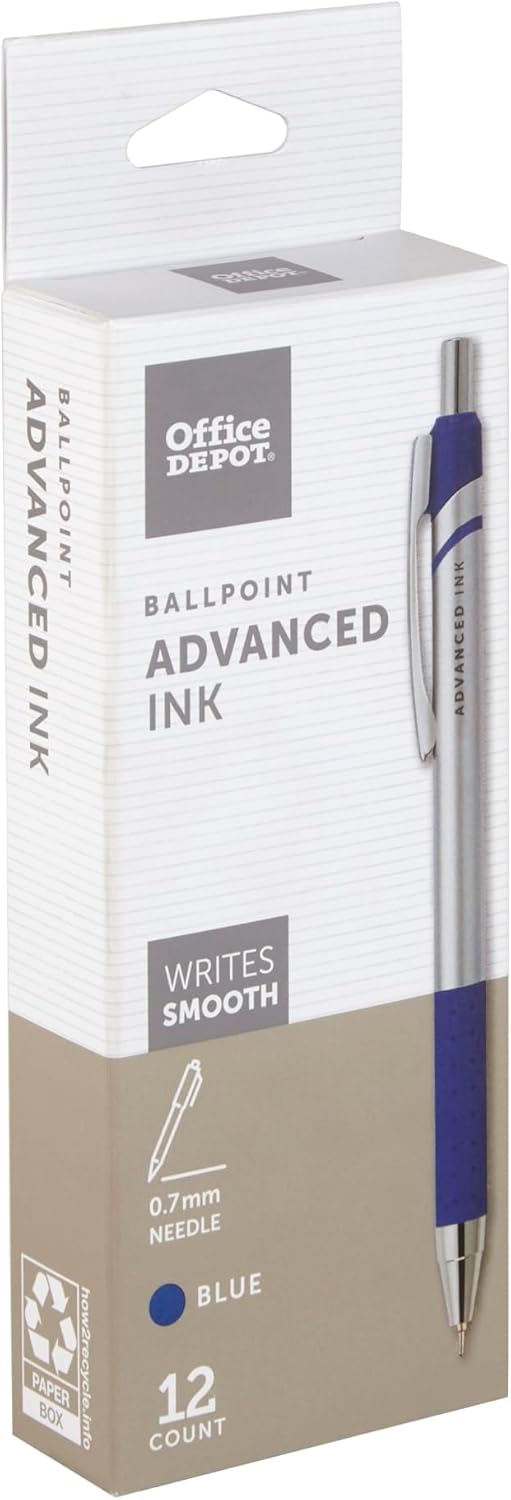 Office Depot Advanced Ink Retractable Ballpoint Pens, Needle Point, 0.7 mm, Silver Barrel, Blue Ink, Pack Of 12