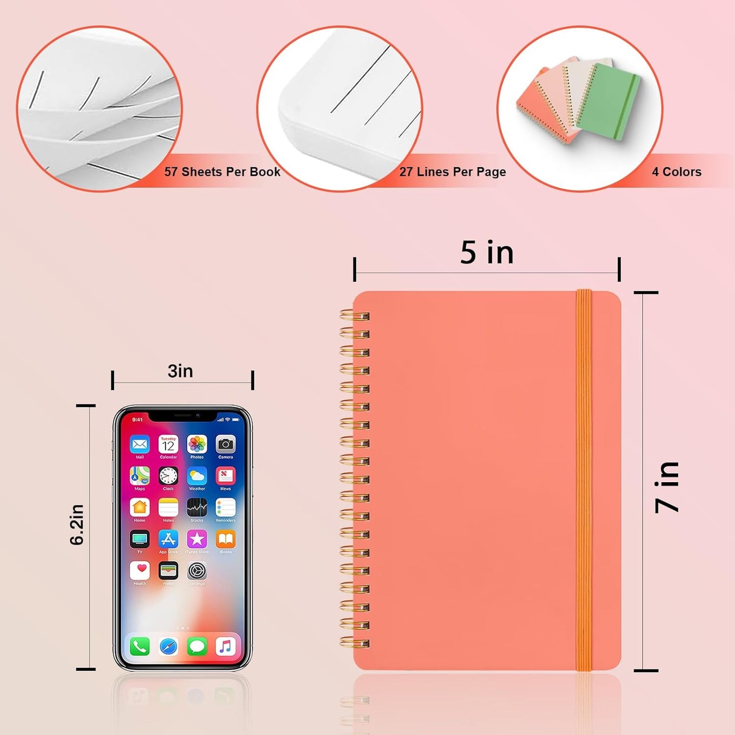 4 PCS Small Spiral Notebook 5x7, Spiral Journal Notebook, Notebooks for Work, Note Taking, School, Small Notebooks 5x7 with Strap, Cute Notebooks for Women 50 Sheets