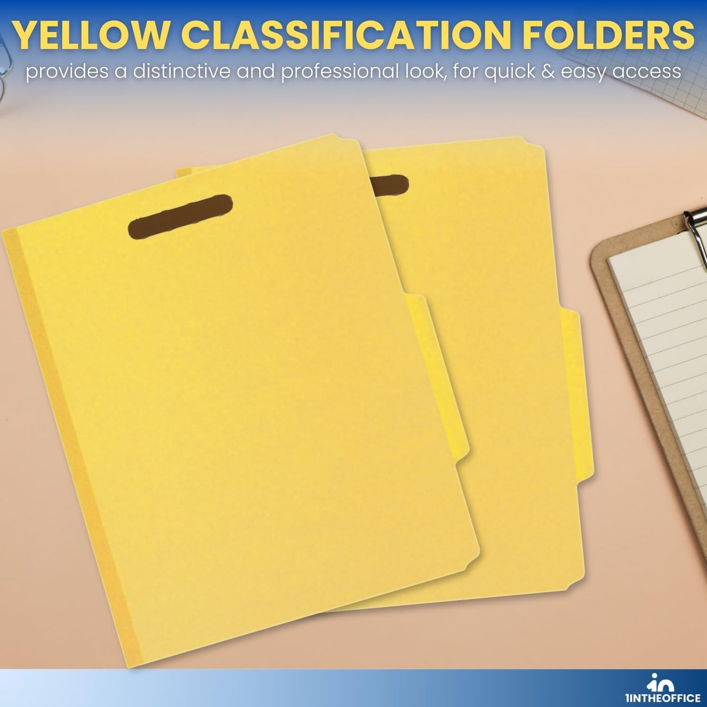 1InTheOffice Classification Folders, 2 Dividers, Pressboard, Letter Size, 6 Fasteners, Yellow, 10 Pack