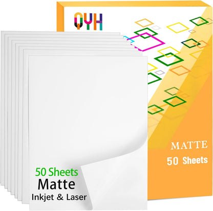 QYH Printable Vinyl Sticker Paper for Inkjet & Laser Printer - Matte White Waterproof, 50 Sheets Vivid Colors, Compatible with Cricut, Silhouette, Ideal for Small Business & DIY- 8.5"x11"