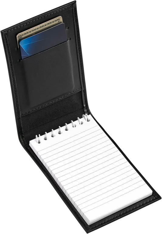 D&K Black Leather Basketweave Notepad Holder for 3x5 Memo Pads, Refillable Pocket Notebook with Wallet for Law Enforcement, Investigator, Security Officer Gifts, EDC Case, Includes Small Flip Note Pad
