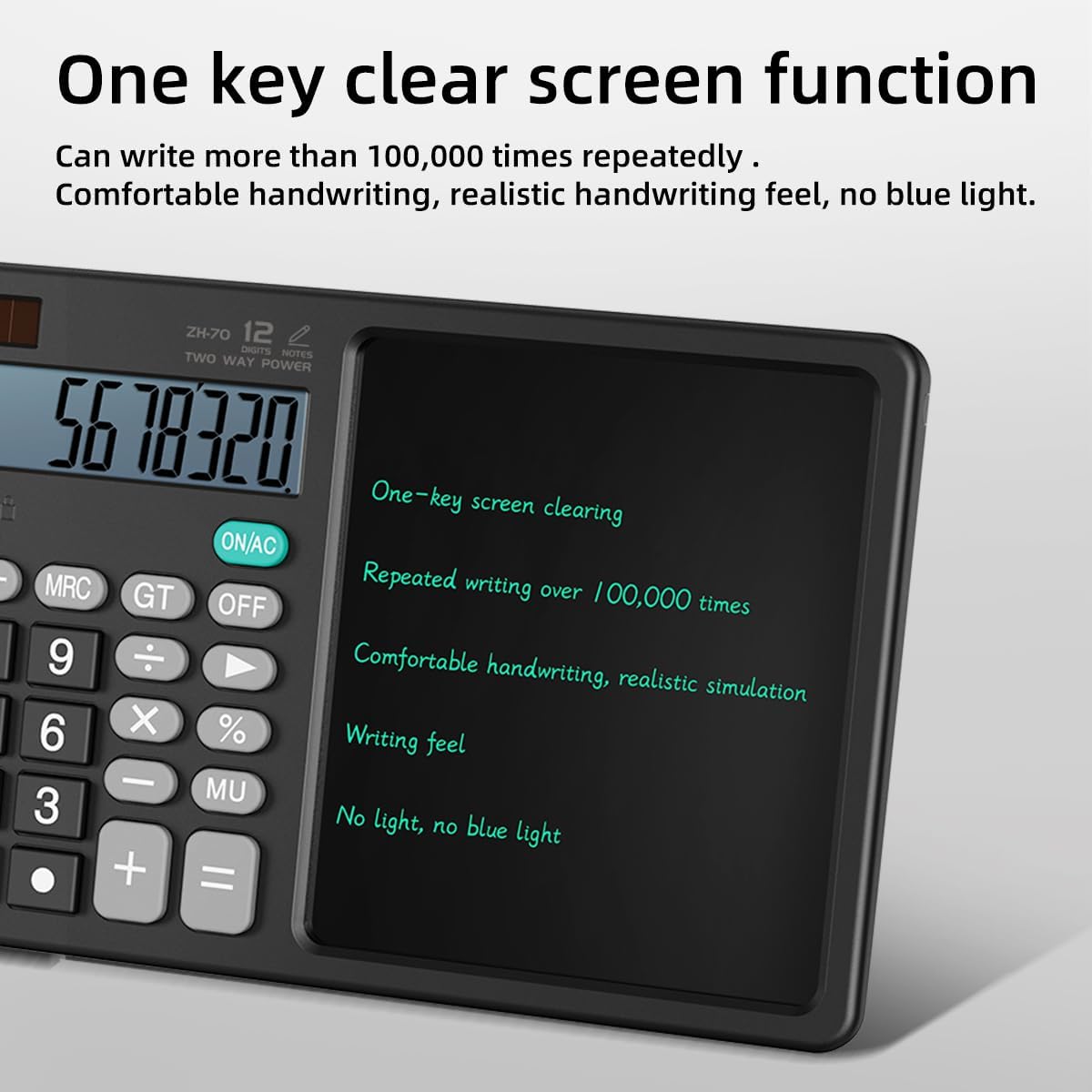 Desk Calculator with Erasable Writing Pad, 12-Digit Wide Screen Display, 100,000+ Reusable LCD Notepad, One-Click Clear & Lock Function, Solar and Battery Dual Power for Office,School,Business (Black)