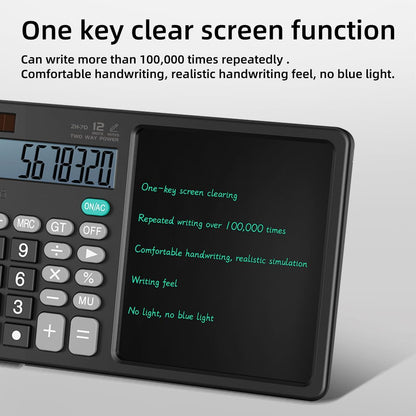 Desk Calculator with Erasable Writing Pad, 12-Digit Wide Screen Display, 100,000+ Reusable LCD Notepad, One-Click Clear & Lock Function, Solar and Battery Dual Power for Office,School,Business (Black)