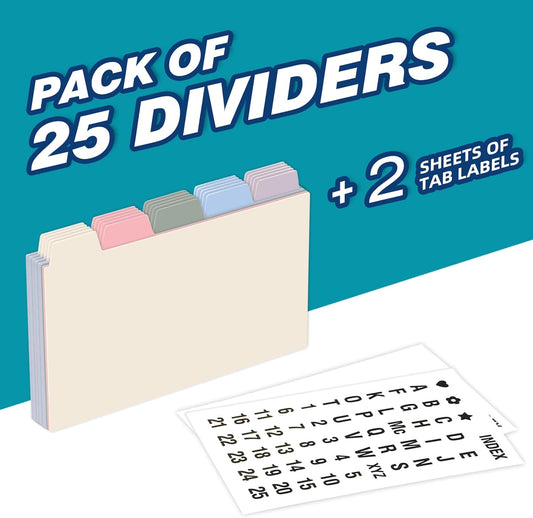 Chell 3x5 Plastic Index Card Dividers, Morandi Colors, Heavyweight Poly Index Card Guides A-Z, with Alphabetical/Blank Stickers, Pack of 25