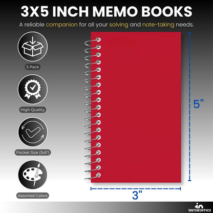 1InTheOffice Wirebound Spiral Memo Books, Memo Pads, 3" x 5", College Ruled, Small Notepad, Assorted, 75 Sheets/Pad, (5 Pack)