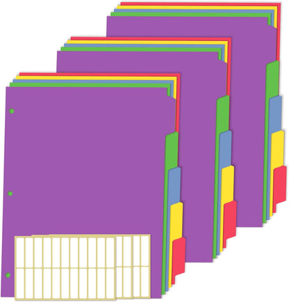 3 Ring Binder Dividers with Tabs - 5-Tab Plastic Dividers for 8.5x11 Binders, Reusable Write & Erase Tabbed Dividers | Rainbow Color 3 Sets, School Classroom Organizer