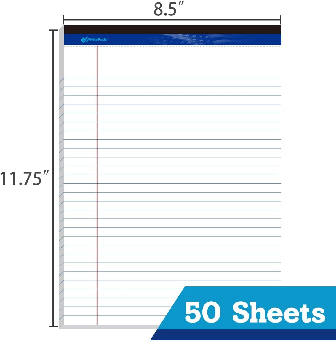 6 Pack Legal Note Pads Wide Ruled 8.5" x 11" Writing Pads (50 Sheets/Pad) White Recycled Paper Micro-Perforated Notepad Hard Back Notepads for Office & School Supplies - Made in USA