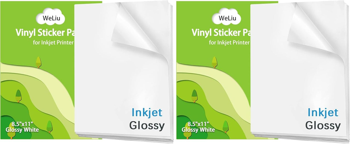 Printable Vinyl Sticker Paper for Inkjet and Laser Printer - Glossy White - 21 Waterproof Decal Paper Self-Adhesive Sheets 8.5"x11"- Dries Quickly and Holds Ink Beautifully
