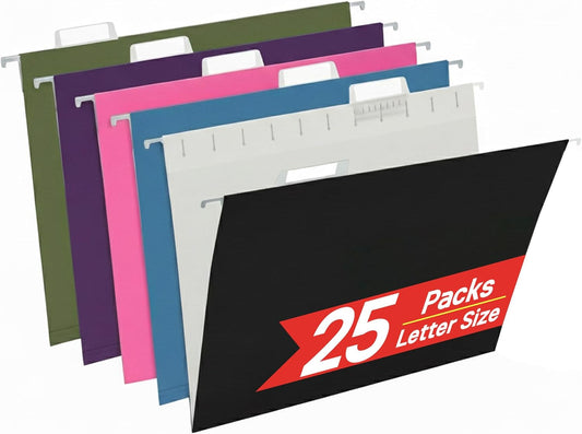 VZCPYTPM 25 Pack Hanging File Folders Letter Size,Pink Reliable Hanging Folders for Filing Cabinet,Reinforced Rods for Smooth Gliding,Includes 1/5 Adjustable Tabs & Inserts,Ideal for Home & Office