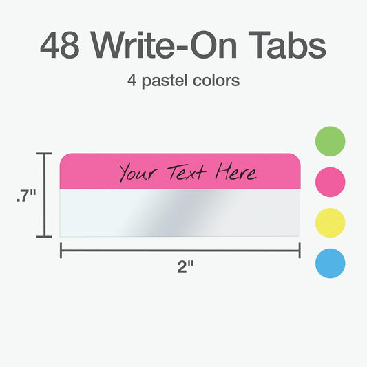 Redi-Tag Write On Tabs, Removable Index Tabs, Customizable Adhesive Labels, 4 Assorted Colors: Yellow, Green, Pink, Blue, 0.7" x 2", 48 Per Pack (B33248)