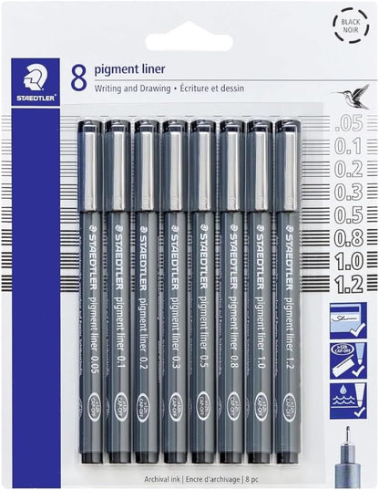 Staedtler Pigment Liner Pack, Black, 8 Pens, Assorted Line Widths, 0.05mm, 0.1mm, 0.2mm, 0.3mm, 0.5mm, 0.8mm, 1.0mm, 1.2mm