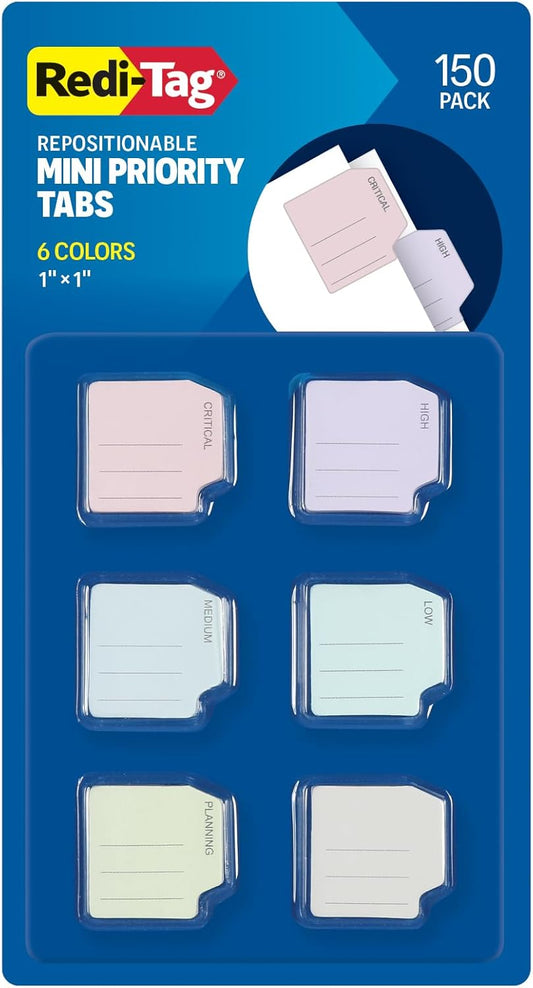 Redi-Tag Mini Priority Tabs, Small Flags for Journals and Notebooks, Small Sticky Notes, School & Office Supplies, Adhesive Tabs for Organization, 150 per Pack, 6 Assorted Colors, 1" x 1" (1009678)