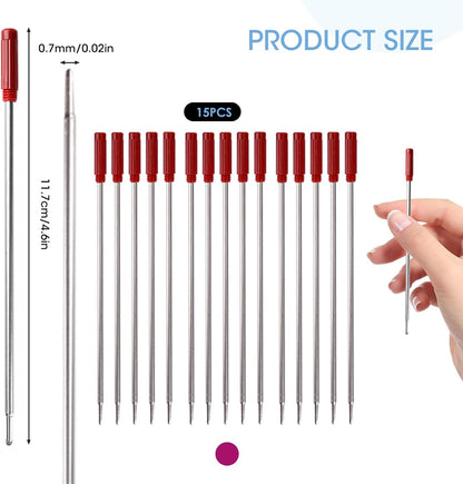 0.7 mm Ballpoint Ink Twist Pen Refills, 15 Pcs Medium Point Metal Smooth Writing Replaceable Ink Refill, Stationery Compatible for Cross Ballpoint Replacement (4.6in M) (Black+Red+Blue, 15)