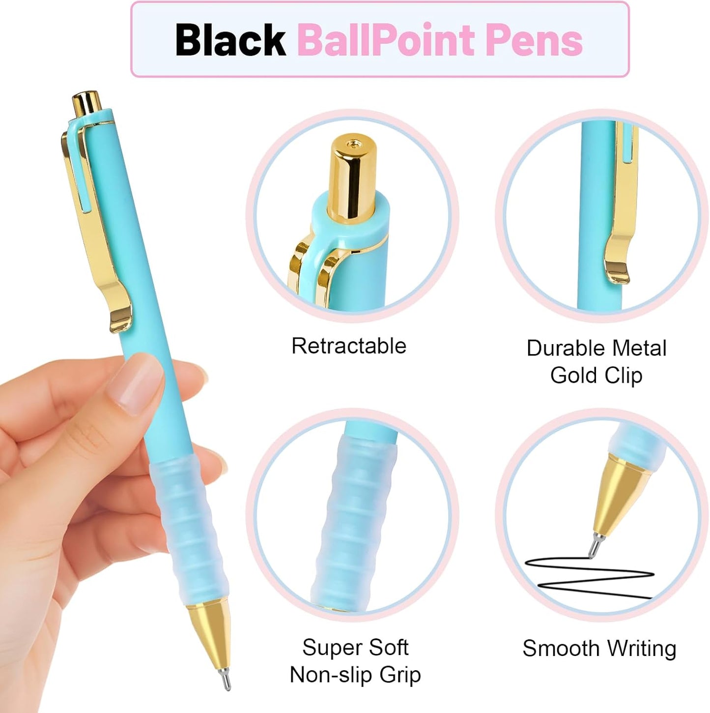 Drawdart 12 Pcs Smooth Writing Pens - 1.0mm Black Ink Ballpoint Pens with Super Soft Grip | Long Lasting Retractable Pen for School, Office & Home Supplies