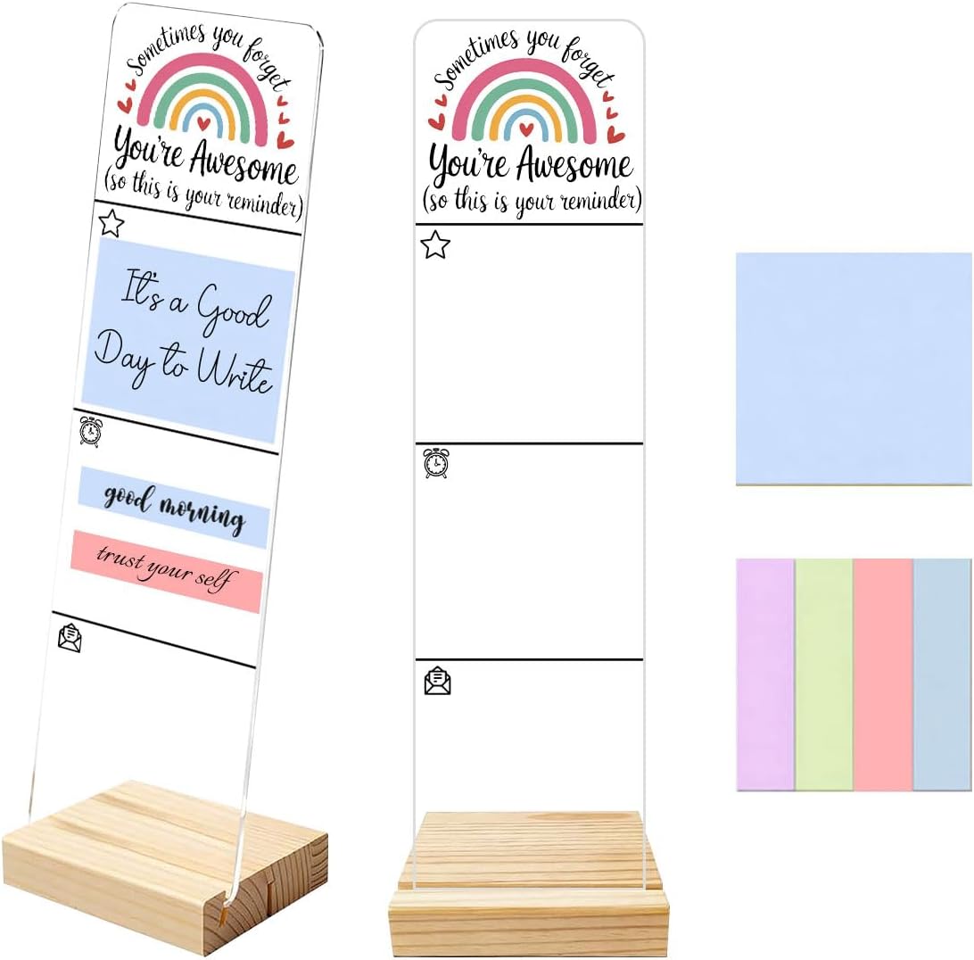 Sticky Notes Monitor Memo Board Acrylic Note Holder with Removable Wooden Base, Everything is Fine Logo Desk Set Includes 200 Sheets Two Sizes Sticky Notes, Office Desk Accessories Organizer