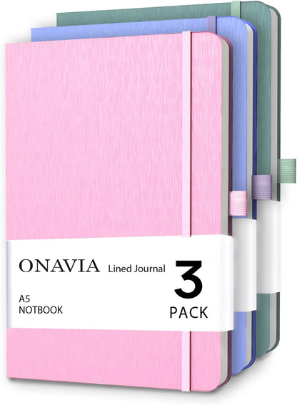 ONAVIA A5 College Ruled Notebook 3 Pack, Hardcover Lined Journals for School Notes, Study, Homework, Class Writing and Journaling, 160 Pages (80 Sheets), 5.8 x 8.3 in, Pink