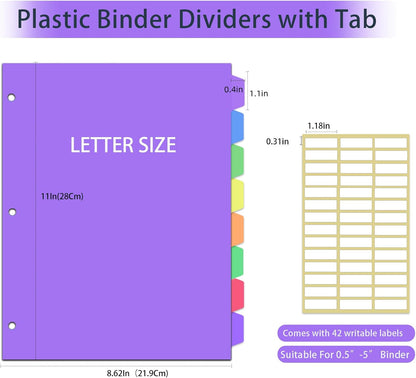 24Pcs/3 Sets Binder Dividers for 3 Ring Binder,8 Tab Binder Plastic Page dividers with Tab,8TAB Set,Multicolor