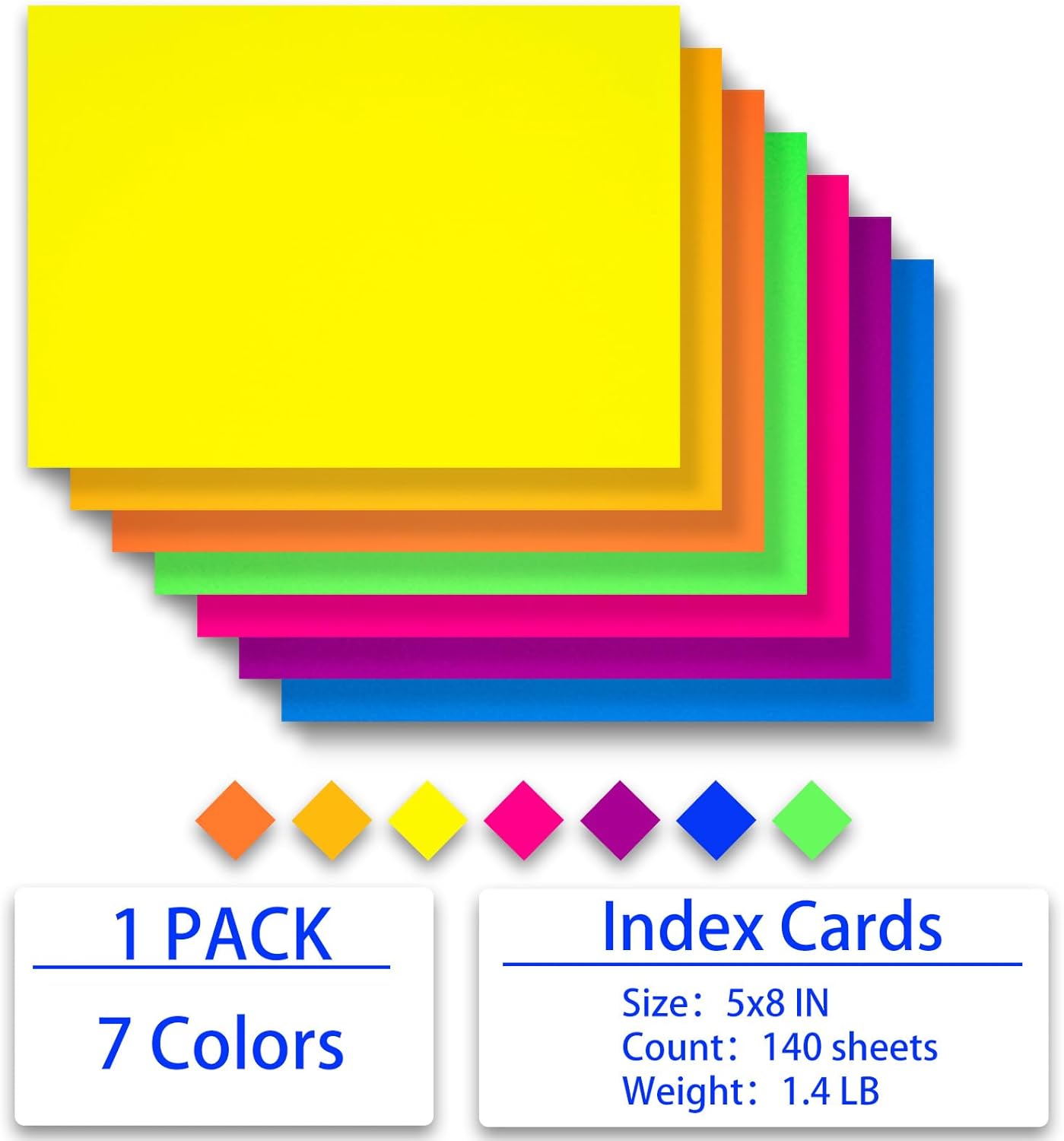 Index Cards 140-Count 5x8 Inch,178GSM Heavyweight Set of 7 Colors Paper Multicolor Study Cards (Rainbow)