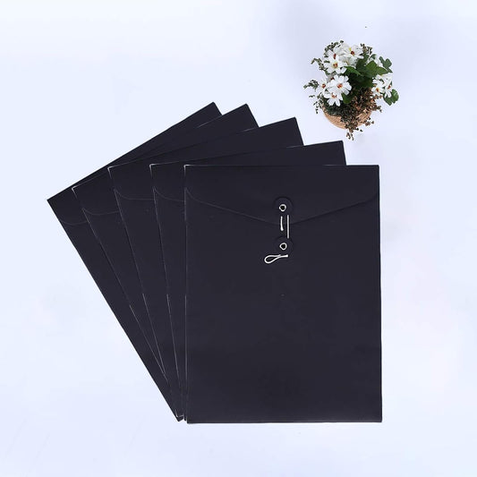 VANRA Kraft Paper A4/C4 File Folders Filing Envelope Folder Pack of 5, Filing Envelope Folder Jacket Document Letter Organizer with String Closure for School,Office (Black)